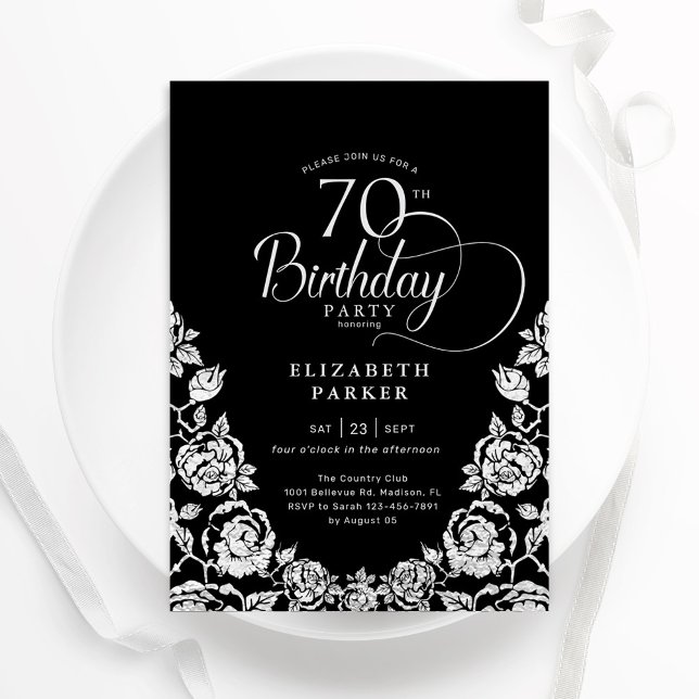 70. Geburtstag Schwarzes Silber Rose Einladung (Von Creator hochgeladen)