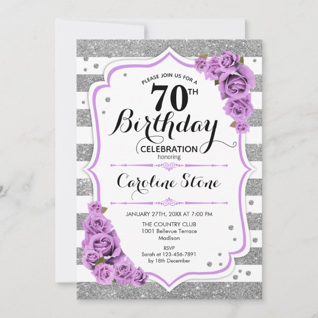 70. Geburtstag - Silberweiße Streifen Lila Rose Einladung (Vorderseite)