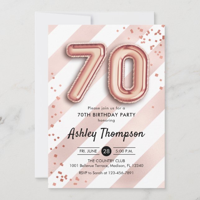 70. Geburtstag - Streifen Rose Goldballons Einladung (Vorderseite)