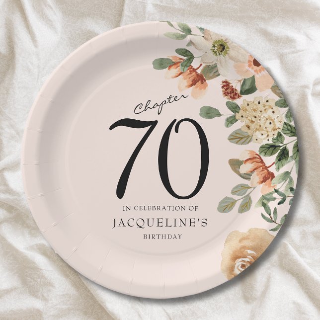 70. Geburtstag Vintag Pappteller (Custom 70th Birthday floral paper plate. A chic addition to a party.)