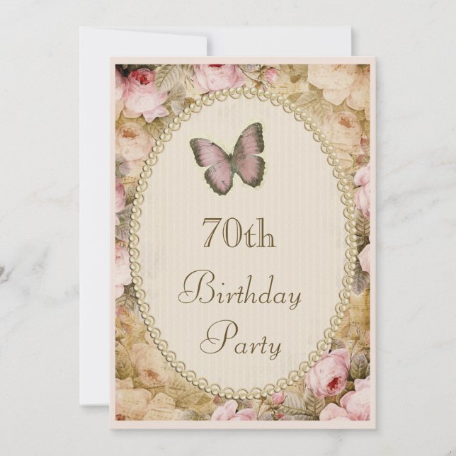 70. Geburtstag Vintagen Rose Schmetterling, Musikn Einladung (Vorderseite)