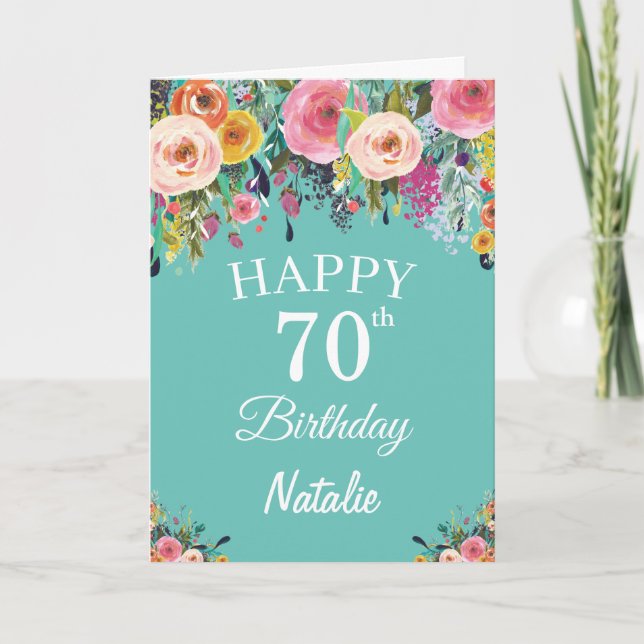 70. Geburtstag Wasserfarben Blume Aquamarin Karte (Vorderseite)