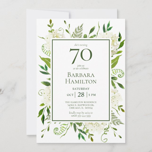 70. Geburtstag Weißer Hydrangeas Einladung (Vorderseite)