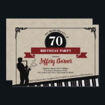 70. Geburtstagsfeier Einladung Jazz Musikthema<br><div class="desc">JEDES ALTER.Alle Texte sind editierbar.
Entworfen mit klassischem Farbdesign und Jazzelementen. Ideal für Musikthemenfeste oder Veranstaltungen mit schwarzer Krawatte Holen Sie sich dieses einzigartige Design für Ihr Party jetzt!</div>