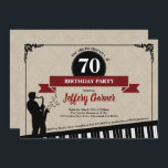 70. Geburtstagsfeier Einladung Jazz Musikthema<br><div class="desc">JEDES ALTER.Alle Texte sind editierbar.
Entworfen mit klassischem Farbdesign und Jazzelementen. Ideal für Musikthemenfeste oder Veranstaltungen mit schwarzer Krawatte Holen Sie sich dieses einzigartige Design für Ihr Party jetzt!</div>