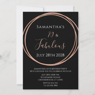 70. Geburtstagsfeier Rose Gold Black Birthday Part Einladung