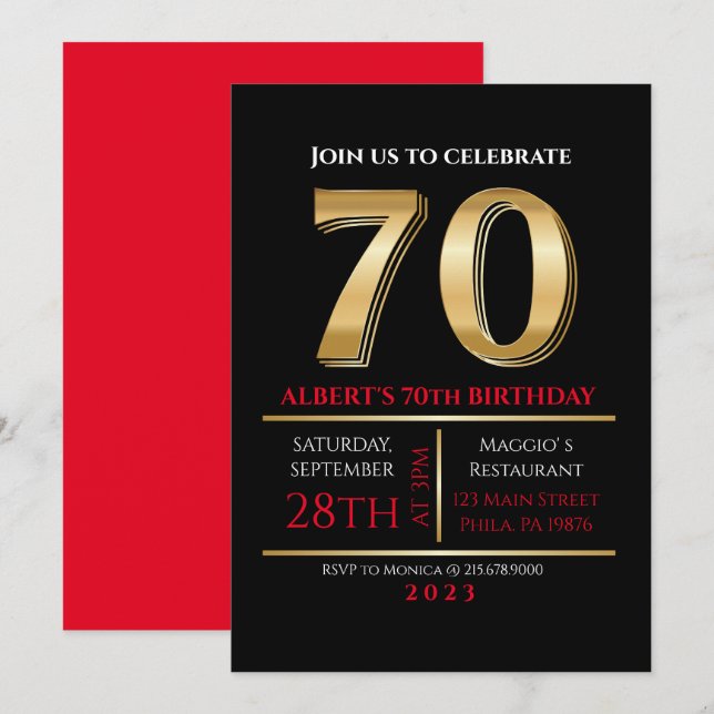 70. Geburtstagsgoldschwarze Party Einladung (Vorne/Hinten)