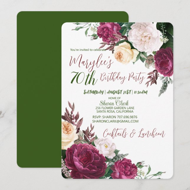 70. Geburtstagsparty Blumendesign Geburtstagsfeier Einladung (Vorne/Hinten)