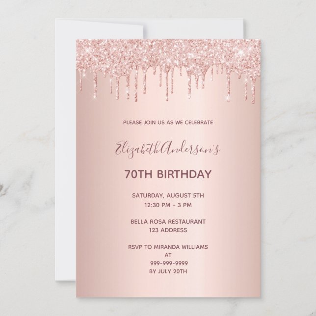 70. Geburtstagsparty Rose Gold Tropfen Einladung (Vorderseite)