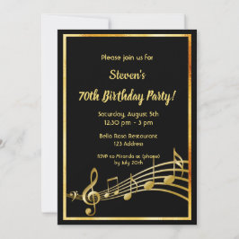 70. Geburtstagsparty Schwarz-Gold-Musiknoten Einladung