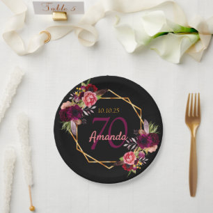 70. Geburtstagsparty schwarzes Gold geo florale Bo Pappteller