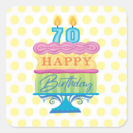 70. Happy Birthday Cake Gelbe Punkte Quadratischer Aufkleber