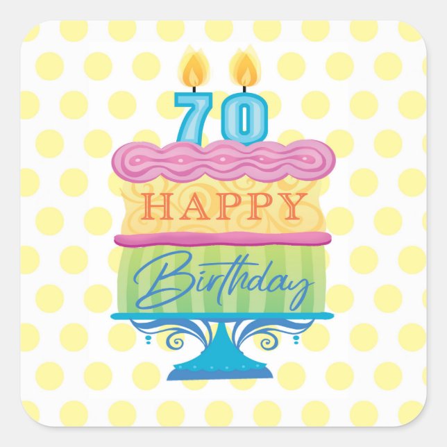 70. Happy Birthday Cake Gelbe Punkte Quadratischer Aufkleber (Vorderseite)