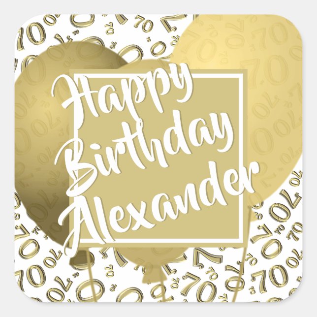 70. Happy Birthday Gold/White Number Pattern Quadratischer Aufkleber (Vorderseite)