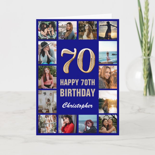 70. Happy Birthday Navy Blue & Gold Foto Collage Karte (Vorderseite)