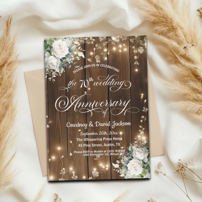 70. Hochzeit Jahrestag Rustikale String Lights Einladung (Von Creator hochgeladen)