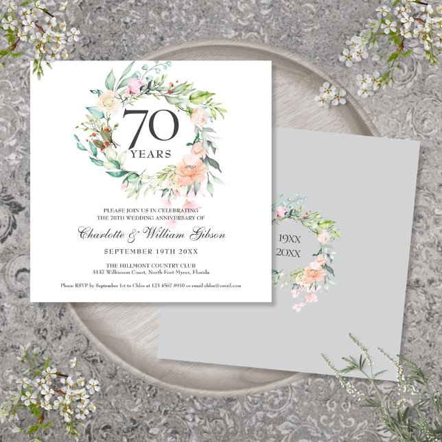 70. Hochzeit Jubiläum Aquarellblume Einladung (70th Wedding Anniversary Watercolor Floral Invitation)