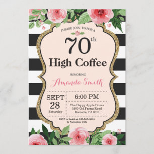 70. Hochzeit Kaffee Frauen. Florales Gold Schwarz Einladung