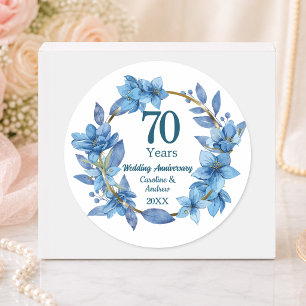 70. Hochzeitstag Blue Floral Platin Runder Aufkleber