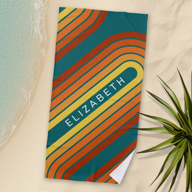 70 Inspirierte Linie Art Sunset Red Orange Yellow  Strandtuch (Personalized Beach Towel with Retro Stripes and Text)