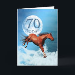 70 Jahre alte Geburtstagskarte mit Spirituosen Karte<br><div class="desc">Ein Kastanienpferd,  das vor dem Hintergrund des Mondes und der Wolken galoppiert. Sehen Sie sich die ganze Reihe an Karten in meinem Geschäft an: http://www.zazzle.com/eggznbeenz</div>