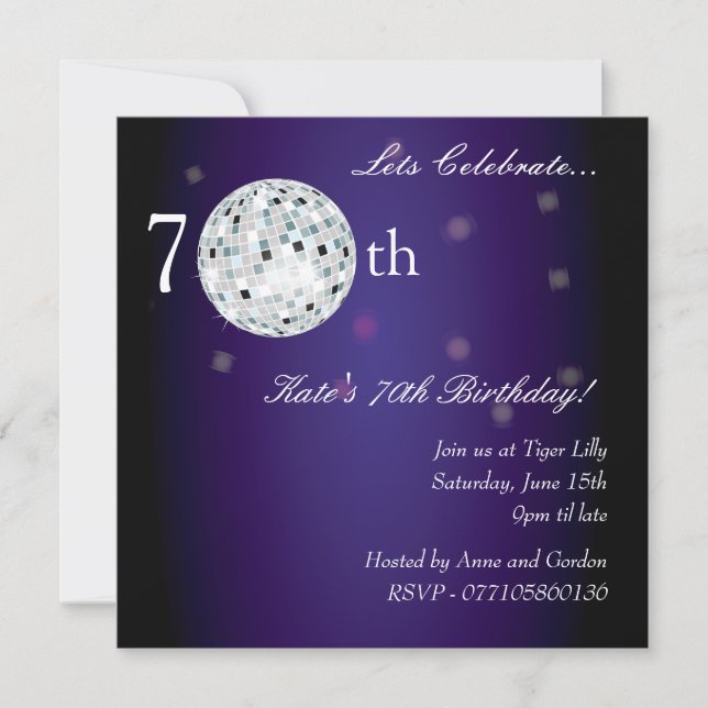 70. Lila Disco-Ball-Party Einladung (Vorderseite)