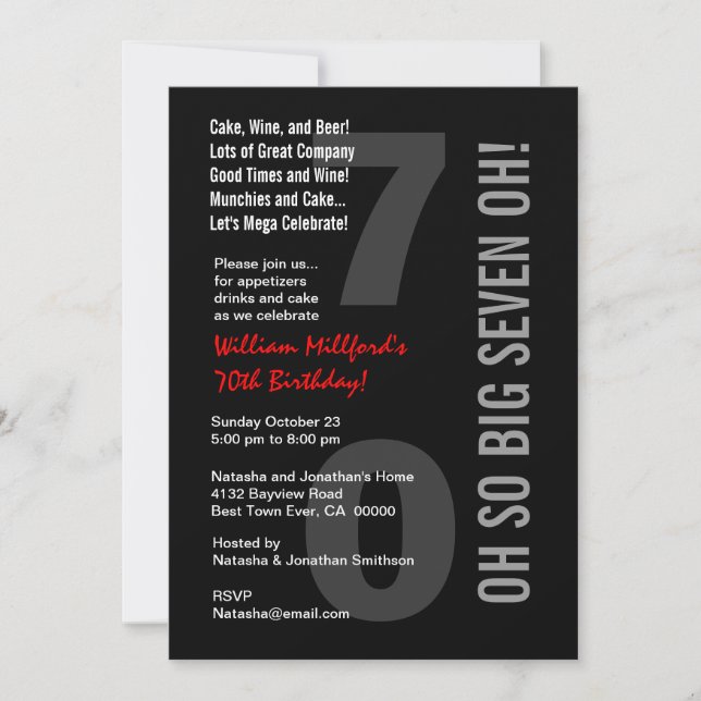 70. Modern Birthday Black Red SIVEN OH! W816 Einladung (Vorderseite)