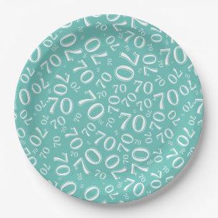 70. Party Random Number Pattern Aquamarin/weiß Pappteller