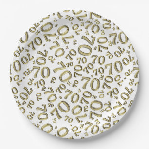 70. Party Random Number Pattern Gold/Weiß Pappteller