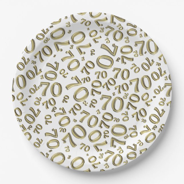 70. Party Random Number Pattern Gold/Weiß Pappteller (Vorderseite)