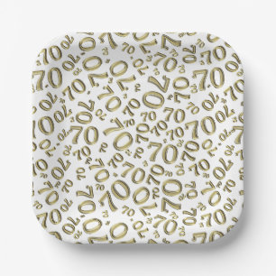 70. Party Random Number Pattern Gold/Weiß Pappteller