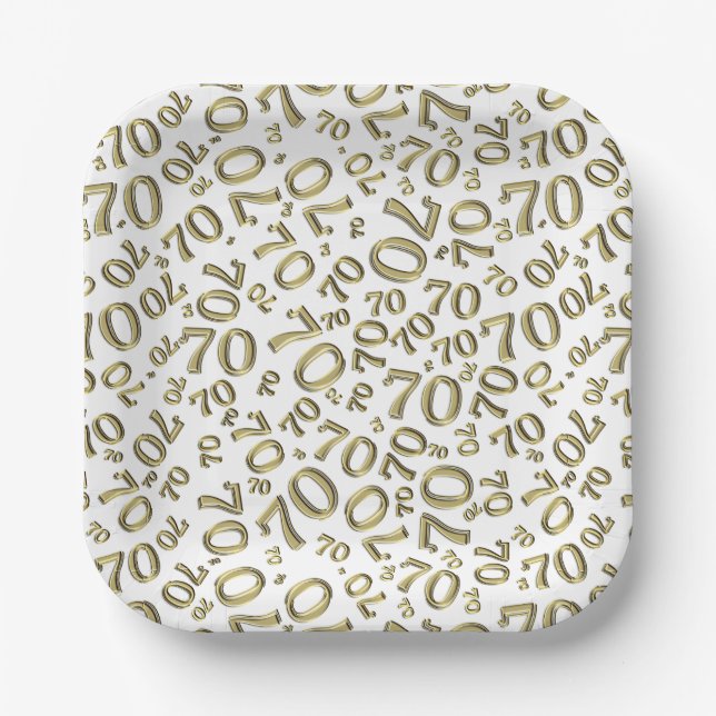 70. Party Random Number Pattern Gold/Weiß Pappteller (Vorderseite)