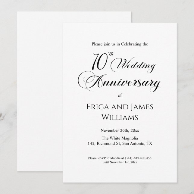 70. Platinum Hochzeitstag Elegantes Skript Einladung (Vorne/Hinten)