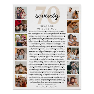 70 Reasons We Love You Birthday Keepsake Gift Poster