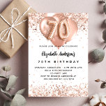 70. Rose Goldballons, weiße Glitzern Einladung<br><div class="desc">Für einen eleganten 70. Geburtstag. Ein weißer Hintergrund. Mit Rose Gold,  rosa Imitat Glitzer,  Glitzern und Ballons dekoriert. Personalisieren und fügen Sie einen Namen und Party-Details. Der Name ist mit einem handgeschriebenen Stil Skript geschrieben,  Nummer 70 mit ballon Stil Schriftart.</div>