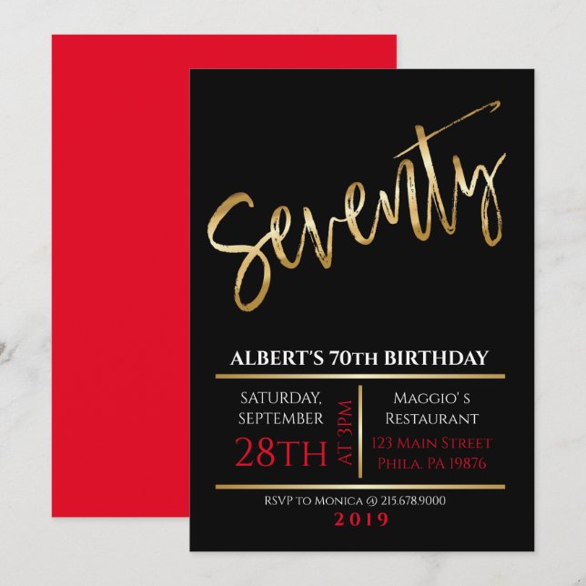 70. Seventieth Birthday Gold Black Einladung (Vorne/Hinten)