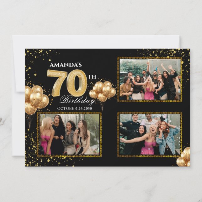 70 th Birthday Gold Silver Black Balloons Einladung (Vorderseite)
