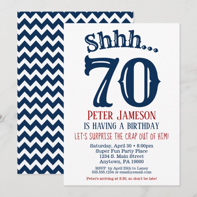 70. Überraschung Geburtstag Einladung Mens Navy Bl (Vorne/Hinten)