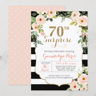 70. Überraschung Schwarz-weiß Stripe Floral Geburt Einladung