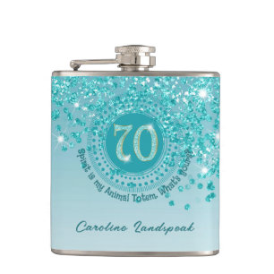 70 und Aquamarin Blue Glitzer & Drink Zitat Flachmann