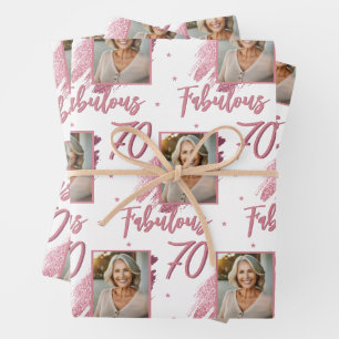 70 und Fabelhaft Rosa Glitter-Foto 70. Geburtstag Geschenkpapier Set