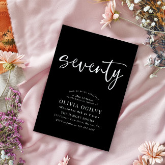 70. White on Black Birthday Party Modernes Script Einladung