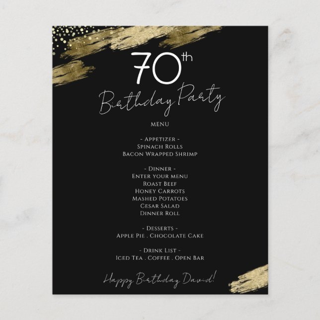 70e anniversaire Black and Gold Party Menu Flyer (Devant)