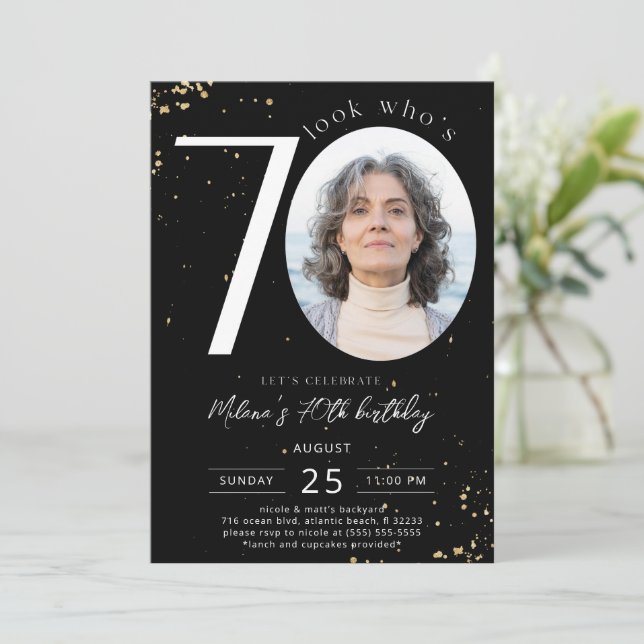 70e anniversaire Black Gold Invitation Card Photo (Debout devant)