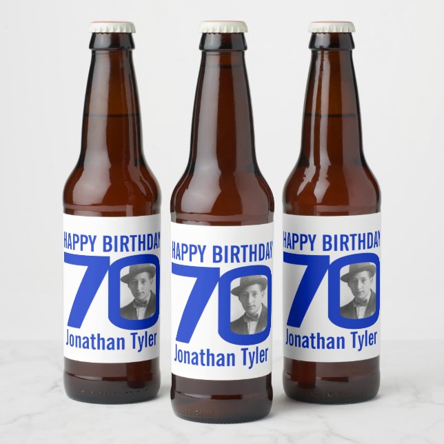 70e anniversaire bleu personnalisé nom étiquette (Bouteilles)