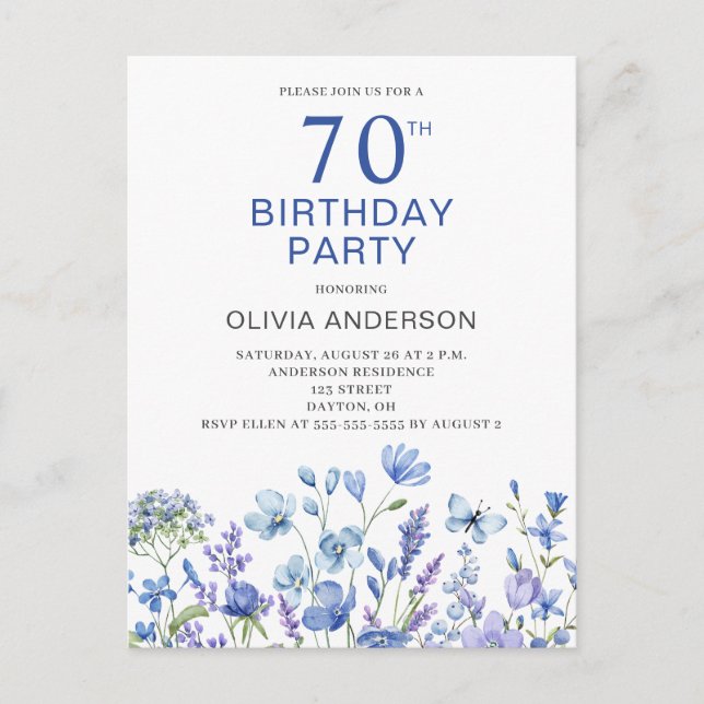 70e anniversaire Blue Floral Invitation (Devant)