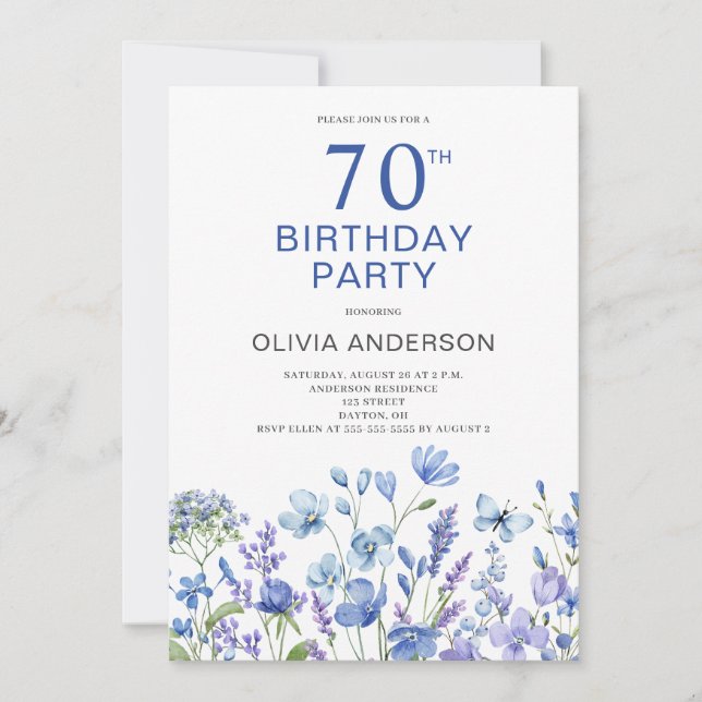 70e anniversaire Blue Floral Invitation (Devant)