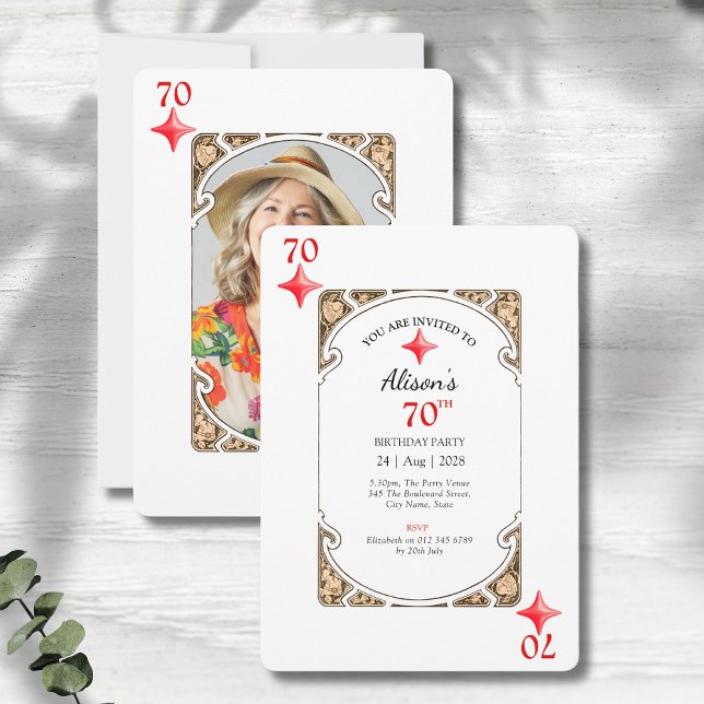 70e anniversaire Diamond Playing Card Invitation (70th birthday party invitations in an art deco playing card style on a grey wood background)