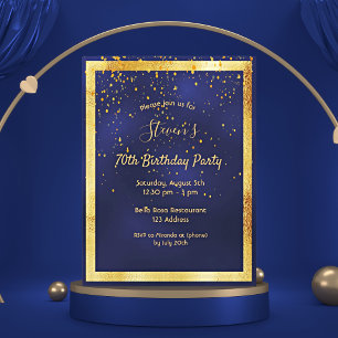 70e anniversaire fête bleu or confetti invitation