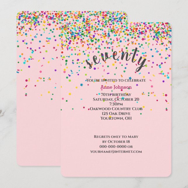 70e Anniversaire Fête confetti Invitation (Devant / Derrière)